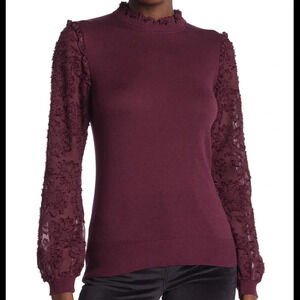 14th & Union Mock Neck Mixed Media Sweater Lace S